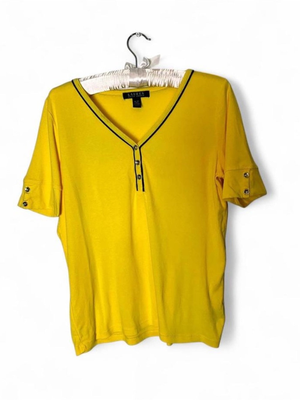 Lauren Ralph Lauren Yellow V-Neck Knit Henley Top Size M EUC